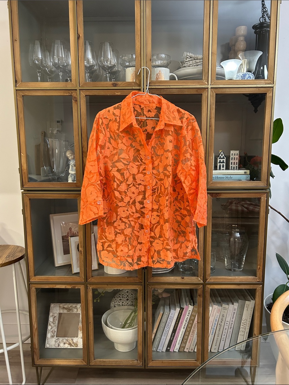 Organza Mesh Orange Floral Lace Button-Up Shirt